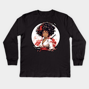 Afro Samurai Girl - Gift Idea, for Christmas, for Birthday, for kids, for Women, for Men, Afro Hair, Black, Proud, Japanese Martial Arts, Lover, Ninja, Mask, Dojo, Women, Karate, Judo, Kickboxing, Boxing, Aikido, Taekwondo, Jiu-jitsu, Kids Long Sleeve T-Shirt